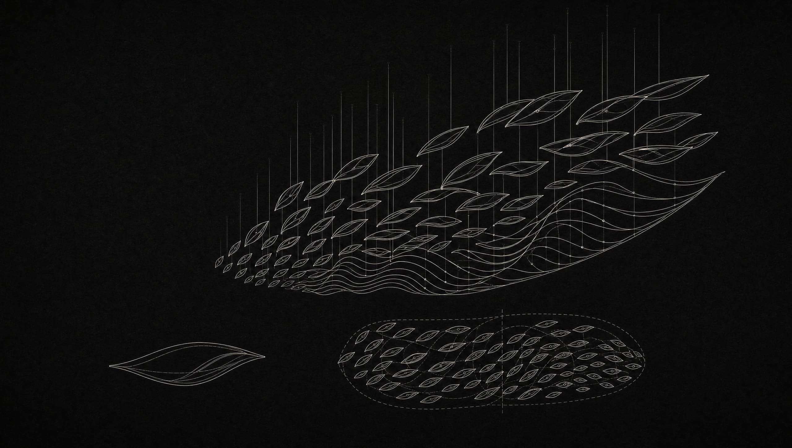 Technical blueprint drawing of the kinetic leaf ceiling sculpture